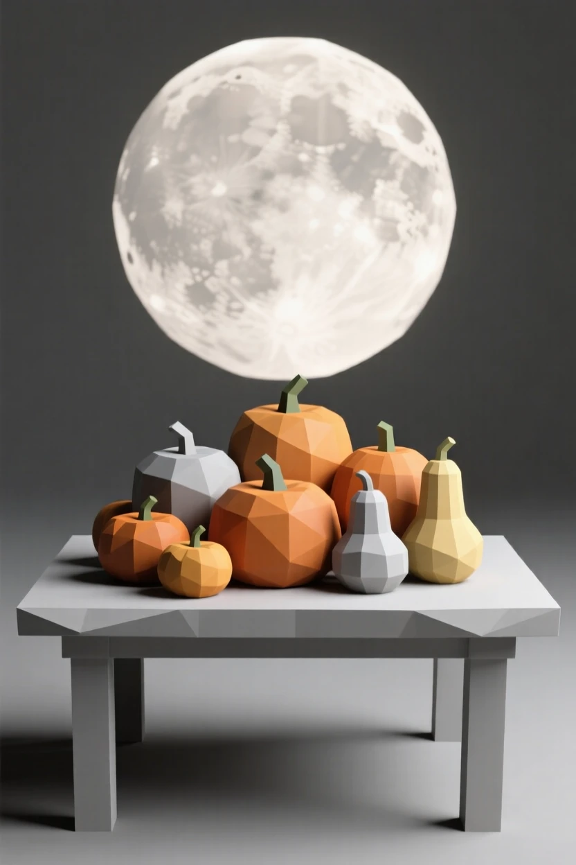A harvest festival table piled with pumpkins and gourds, beneath a full harvest moon. the composition centers on the main celebratory focal point. There is a joyful, festive energy in the air.