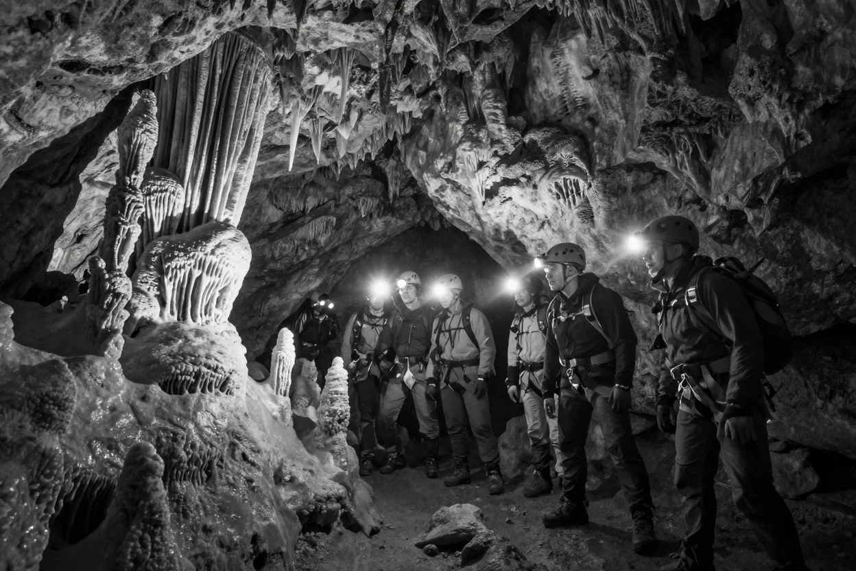 A group of cave explorers shines a light on ancient rock formations deep inside a limestone cave.