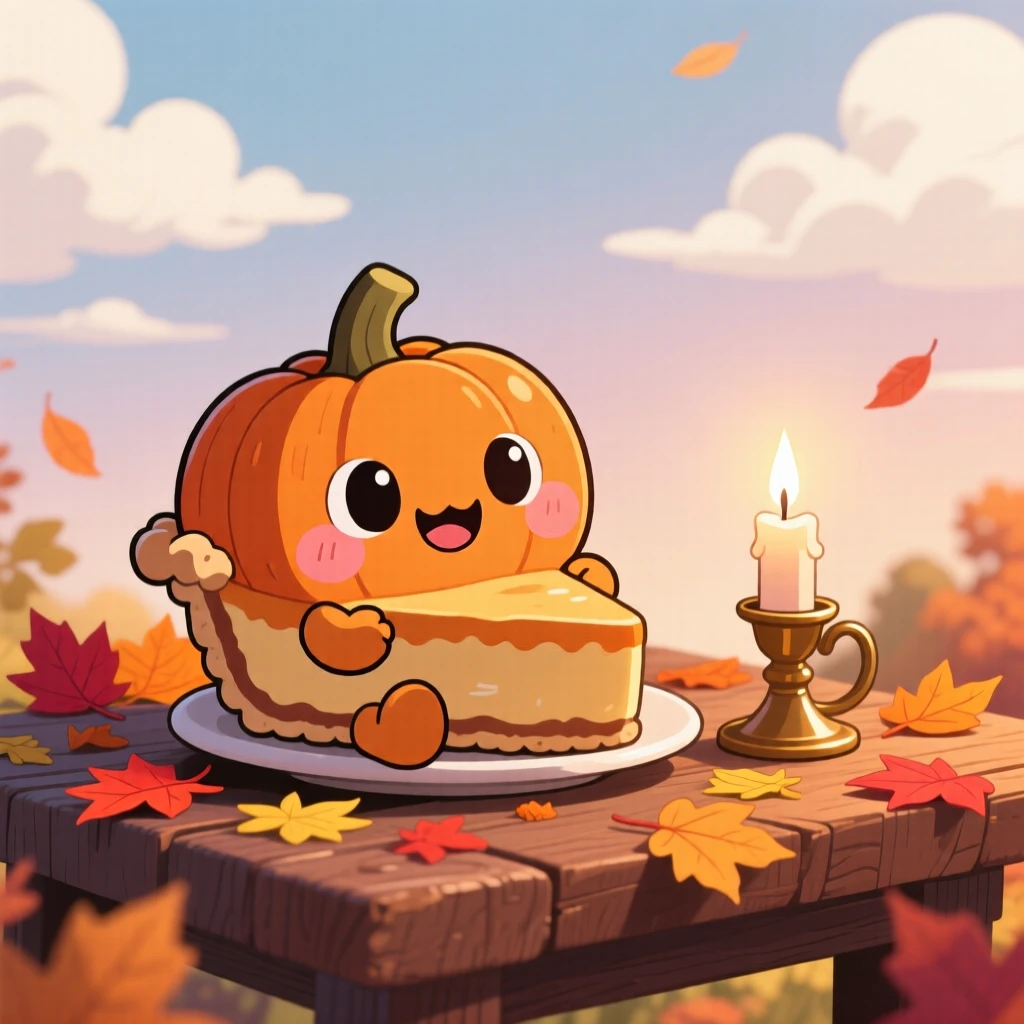 Silhouette composition of a cheerful pumpkin pie slice, sitting proudly beside a candle, in an autumn harvest table, beneath fluffy drifting clouds, illuminated by gentle candlelight, radiating shy bashfulness.