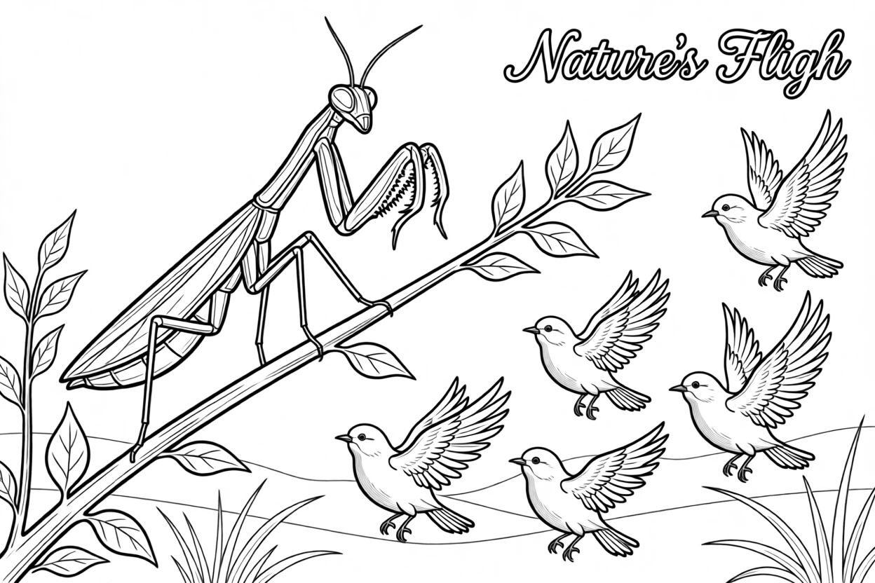 A praying mantis perched on a twig, with a flock of small birds scattering nearby.