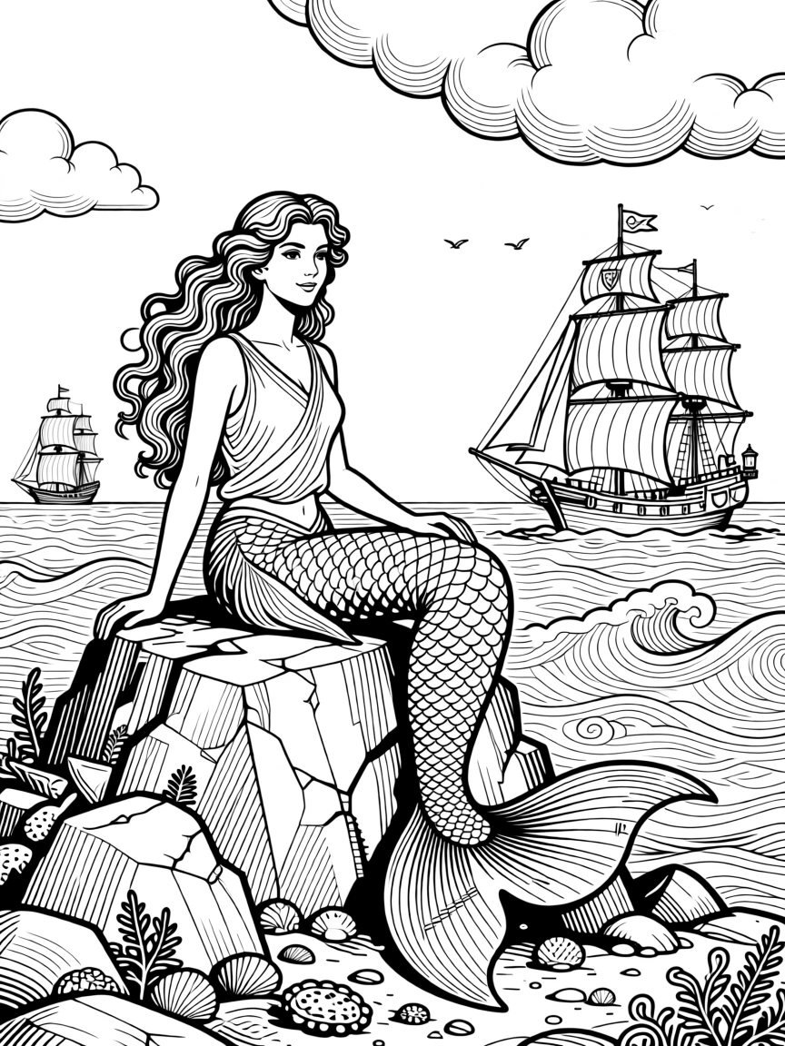 A siren perched on rocks singing to ships in the distance.