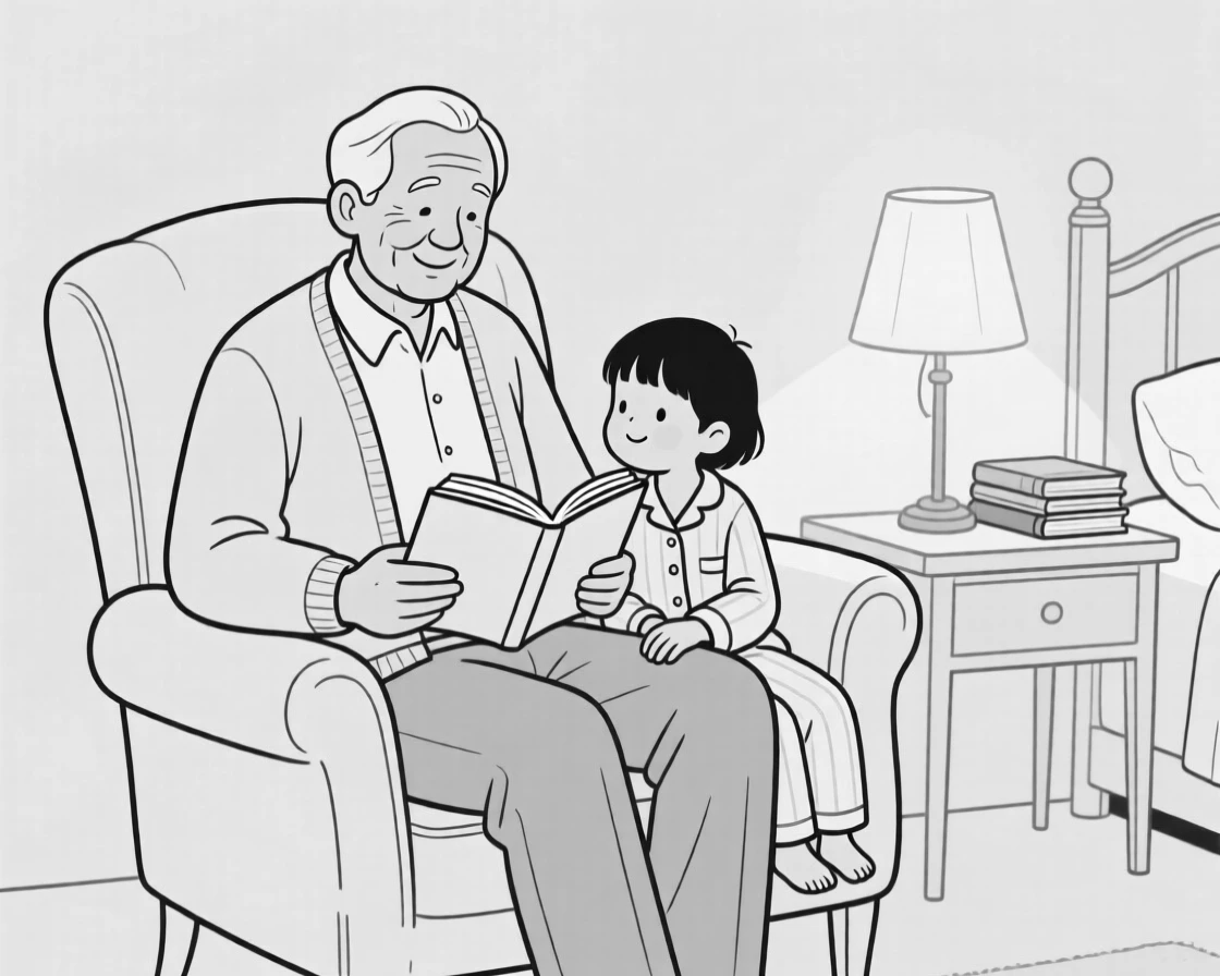 A grandfather reading a bedtime story to his grandchild