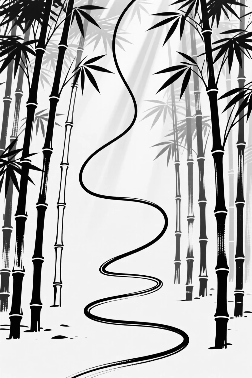 A quiet bamboo grove with sunlight streaming through in golden shafts.