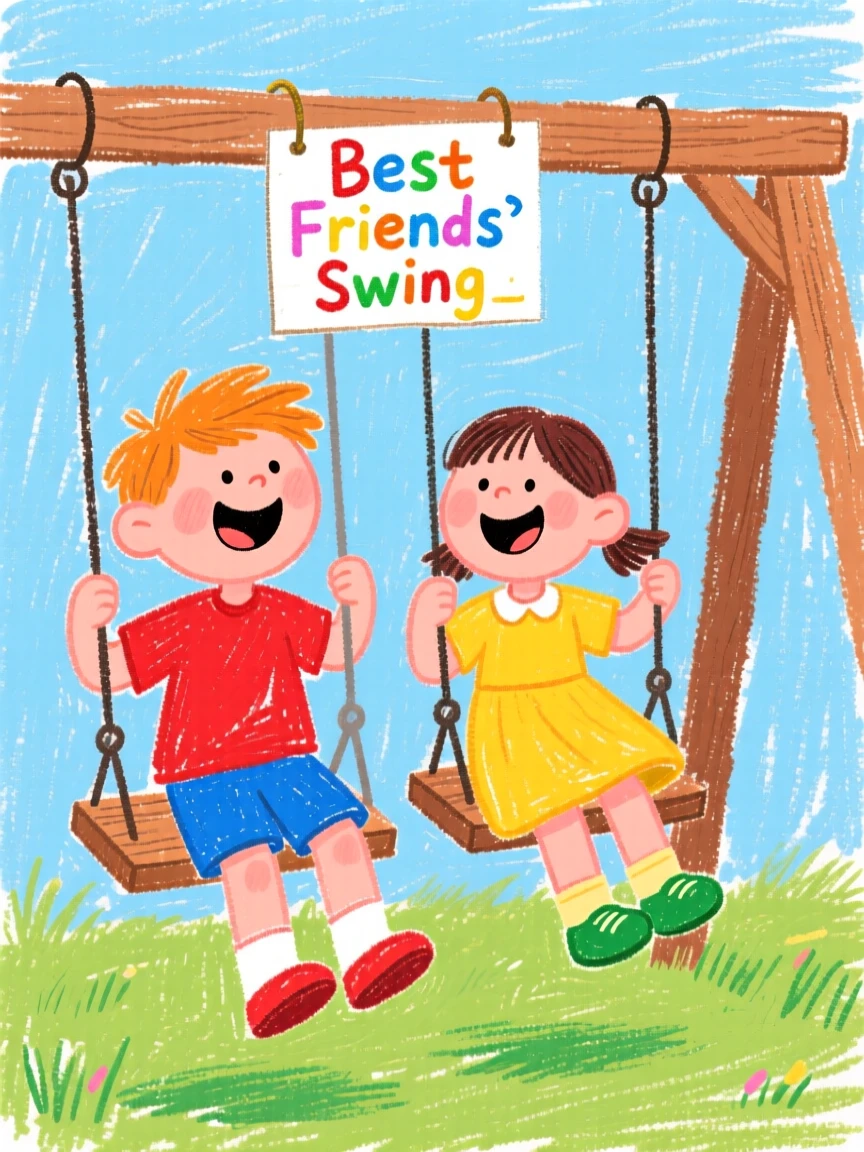 Two best friends laughing together on a backyard swing set.