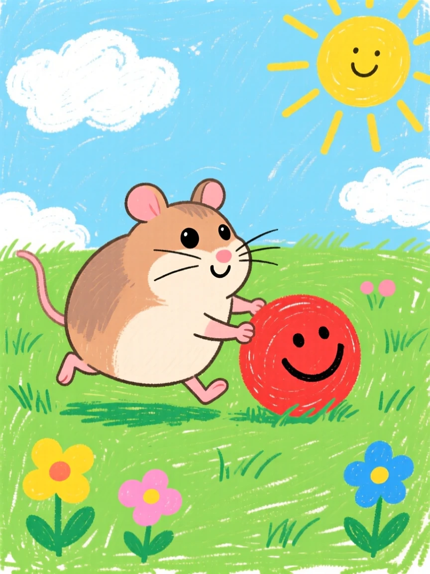 A chubby hamster fetching a rubber ball across the lawn.