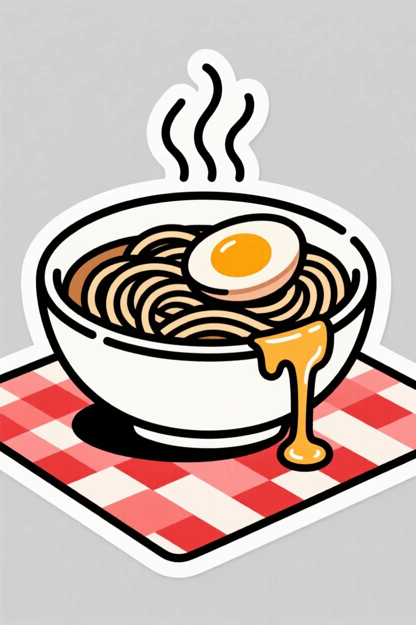 A cozy and comforting steaming bowl of ramen with an egg on top, with honey drizzling down the side, on a checkered picnic blanket.