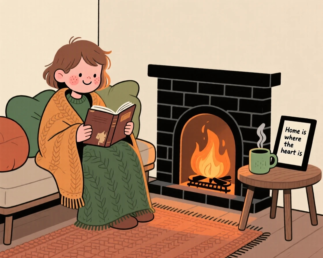 A teenager curls up in a reading nook beside a crackling fireplace, wrapped in a woolen throw while reading a worn paperback.