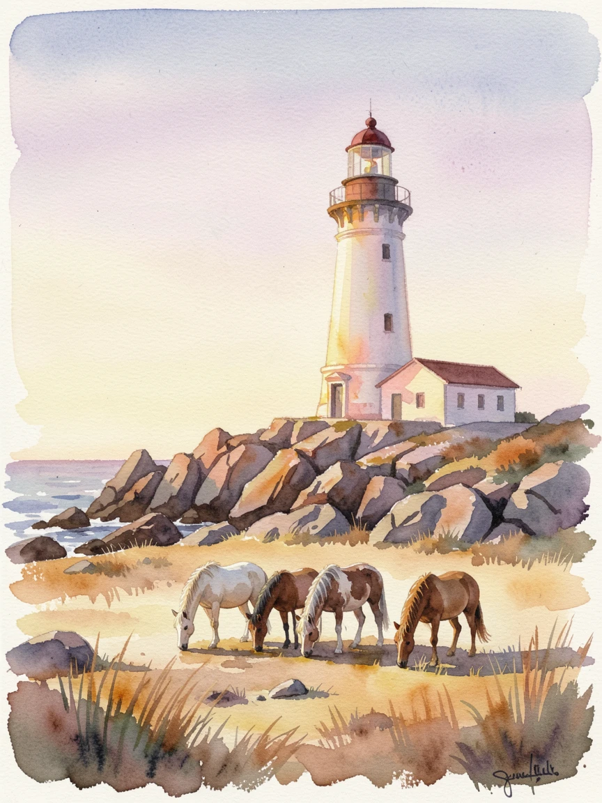 A coastal lighthouse on a rocky point at golden hour with wild horses grazing nearby.