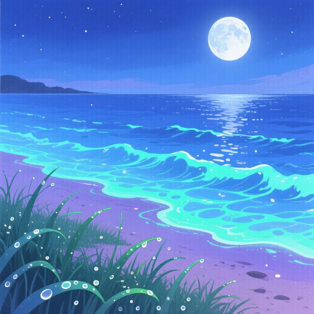 A moonlit beach with gentle bioluminescent waves, with morning dew glistening on the grass, evoking peaceful serenity and awe.