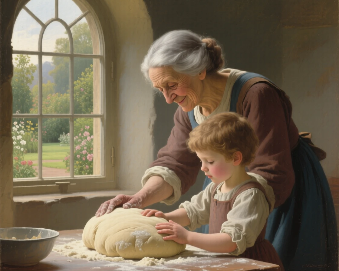 A grandmother teaching a child to knead bread dough lost entirely in private thought, set beside a tall arched window overlooking a garden, with a faint, knowing smile just touching the corner of the mouth; the pose is turned gently off-center for a natural, candid feel, evoking tenderness, memory, and unspoken emotion.