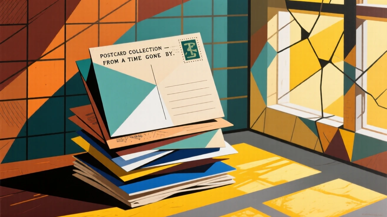 An elegant still life featuring a stack of vintage postcards beside a sunlit windowsill.