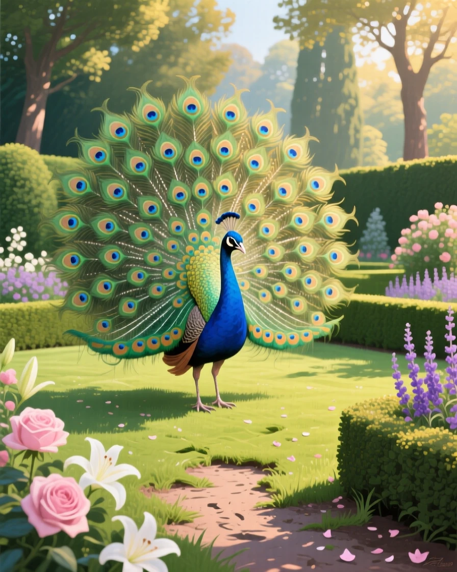 A peacock displays its full iridescent tail feathers in an ornamental garden, sunlight catching the shimmering blues and greens of each individual eye pattern, small environmental cues, like tracks or disturbed grass, hinting at its recent movement.