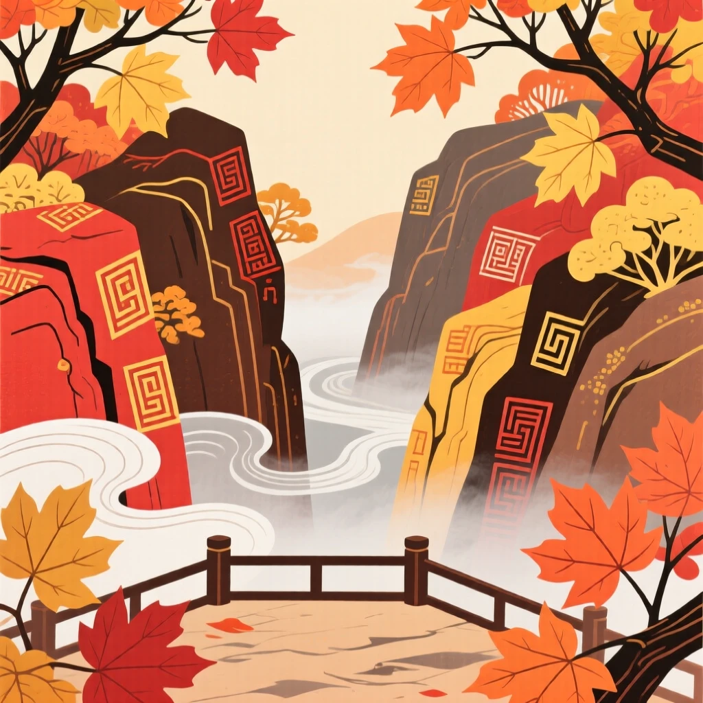 A rocky gorge with mist rising from below seen from a quiet overlook, in the deep colors of autumn.