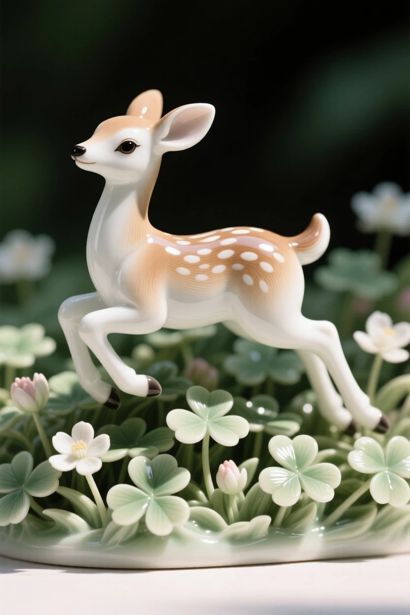 A tiny fawn hopping through a bed of clover, bathed in warm dappled sunlight.