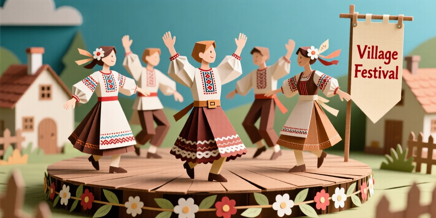 A vibrant folk dance performance in traditional embroidered costumes, dancers spinning in a circle during a village festival, evoking joyful cultural heritage.
