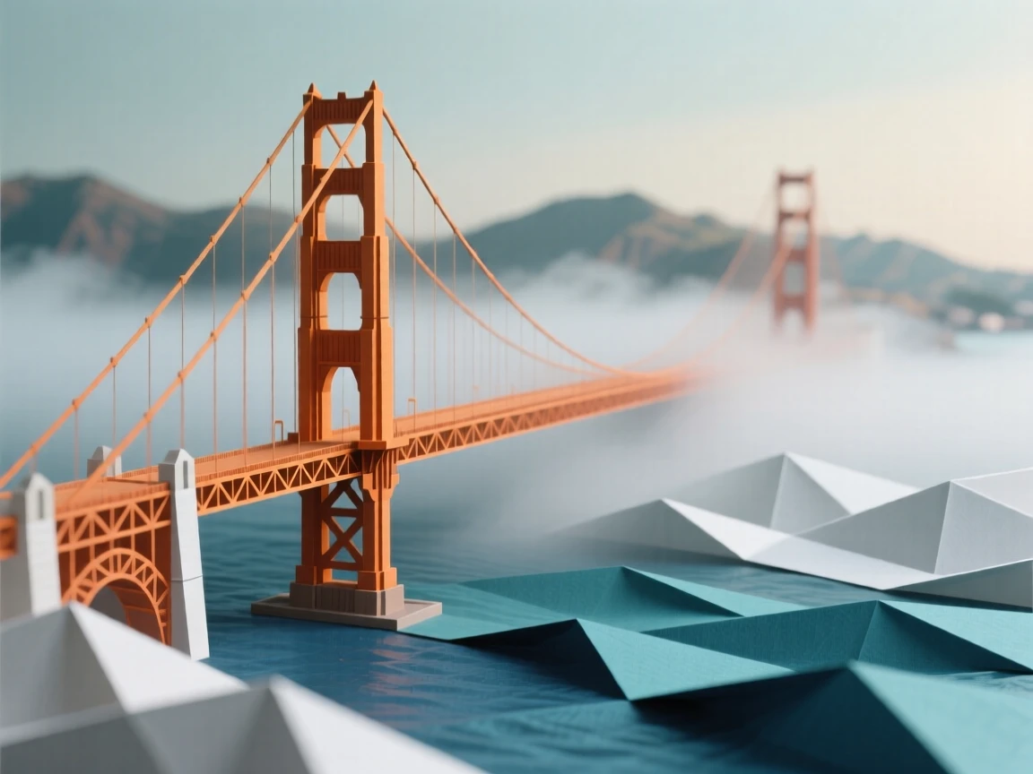 The Golden Gate Bridge emerging from rolling fog over San Francisco Bay.