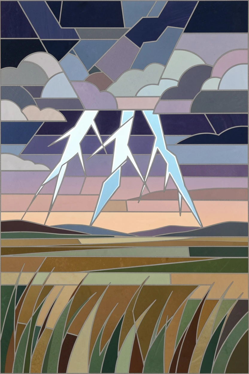 A lightning storm illuminating a wide open prairie at dusk.