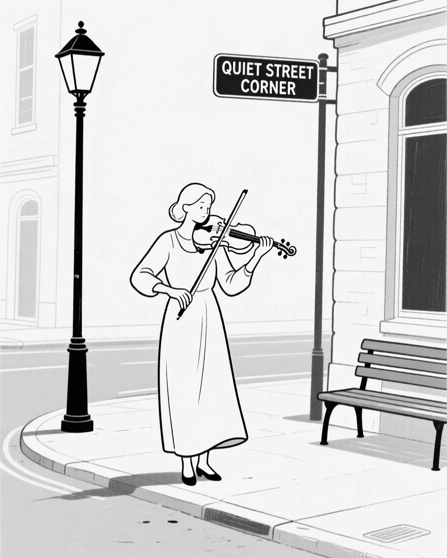 A musician playing violin on a quiet street corner