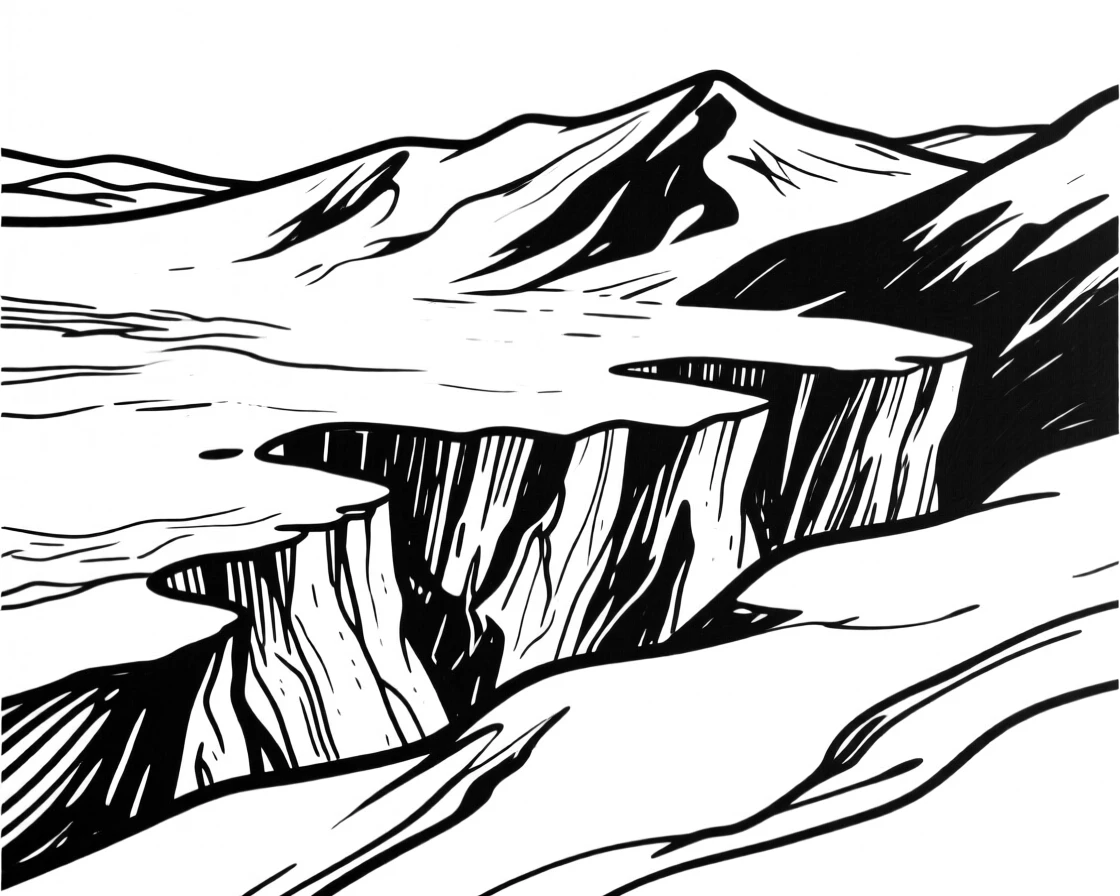 A dramatic glacier landscape with deep blue crevasses.