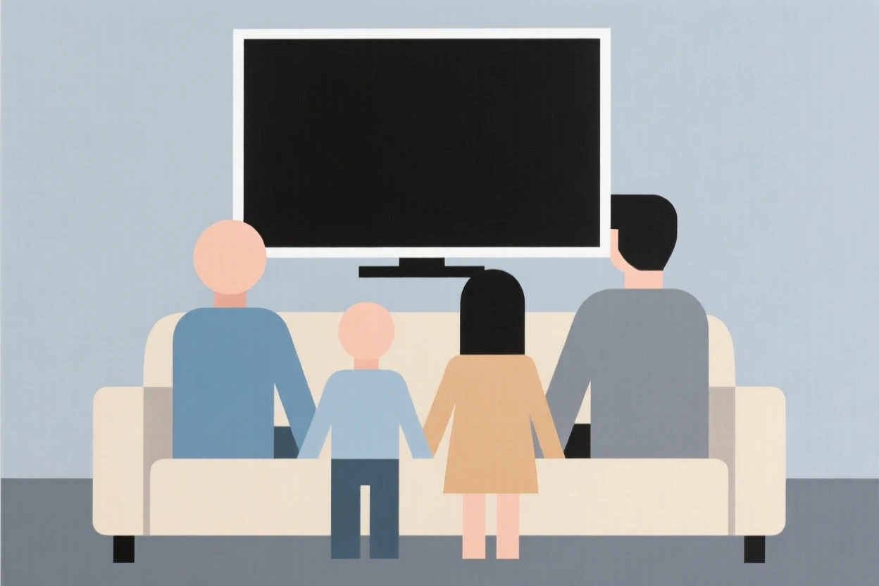A family watching a movie together on a couch