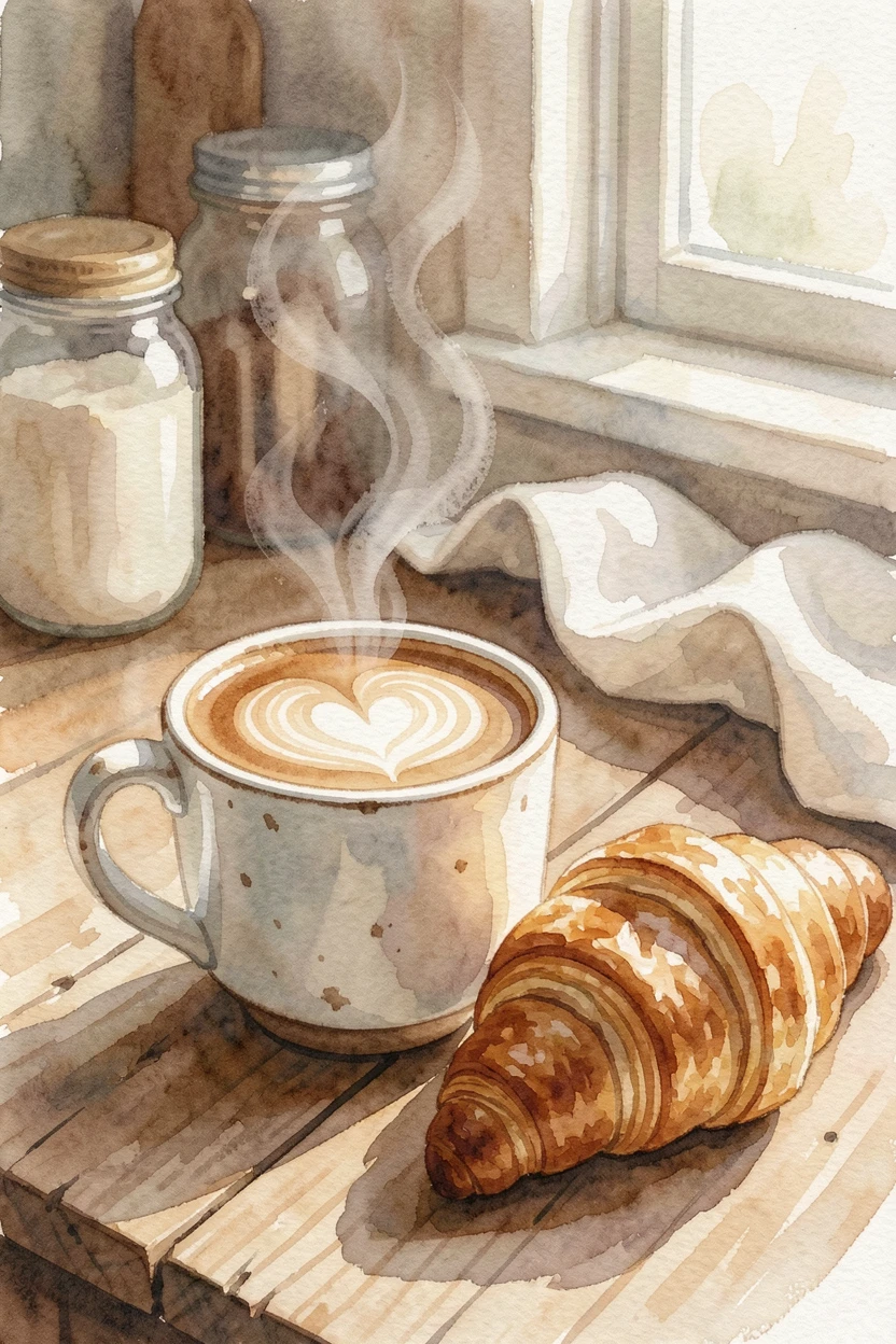 A steaming cup of coffee with latte art beside a croissant on a farmhouse kitchen table with steam gently rising.