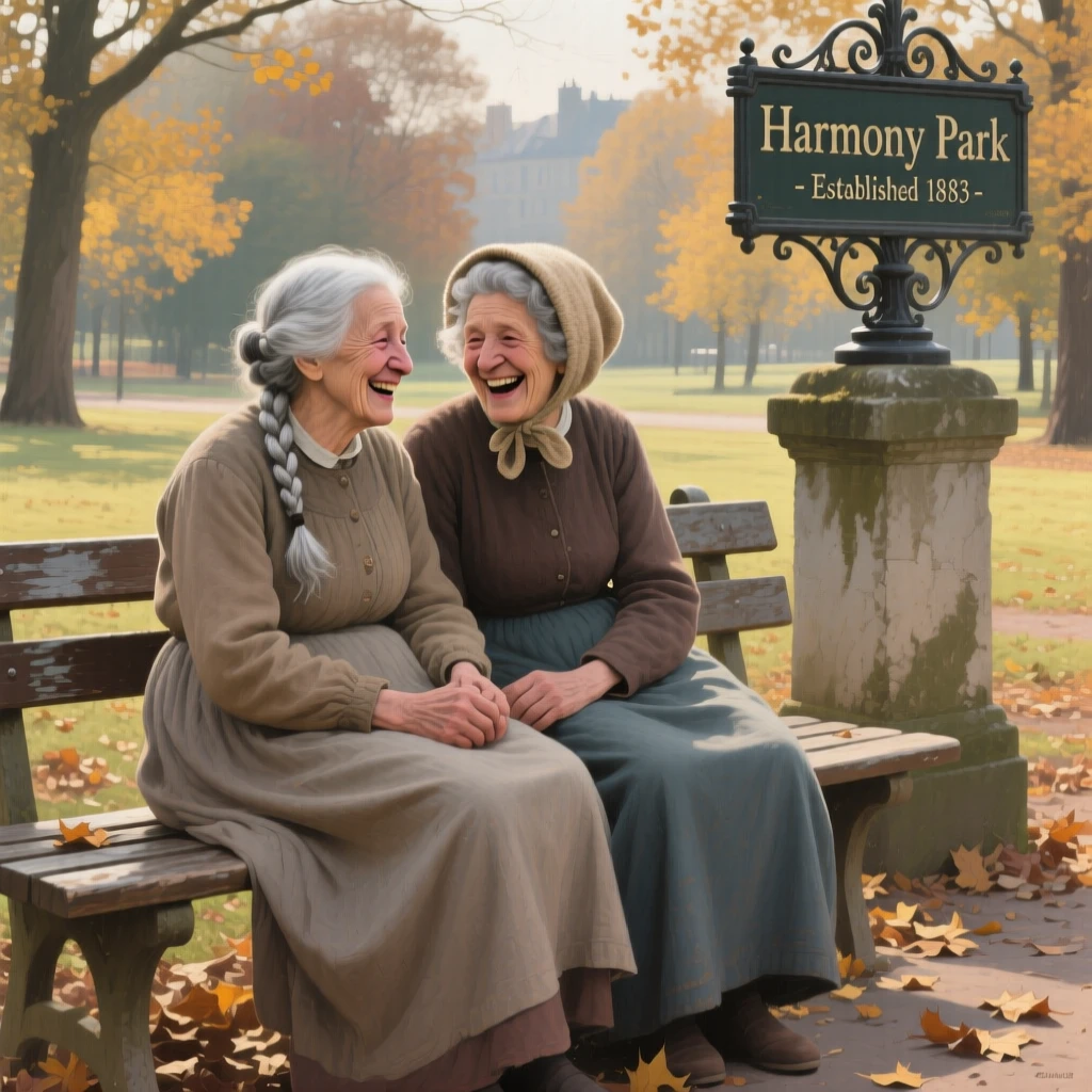 A pair of elderly best friends sharing a laugh on a park bench, as a single tear or smile reveals the depth of feeling, capturing a universal, deeply human moment of emotion