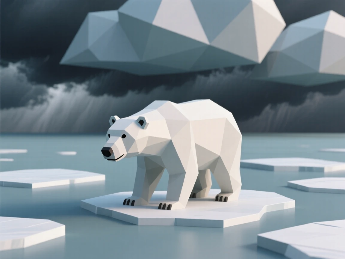 A polar bear walking across drifting ice, against a dramatic stormy sky. the framing draws the eye directly to its gaze. The mood is tender and intimate.