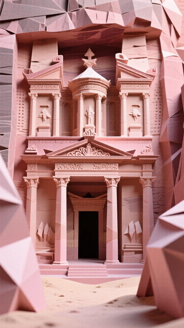 Petra's Treasury facade carved into rose-colored cliffs, framed by a narrow canyon passage.