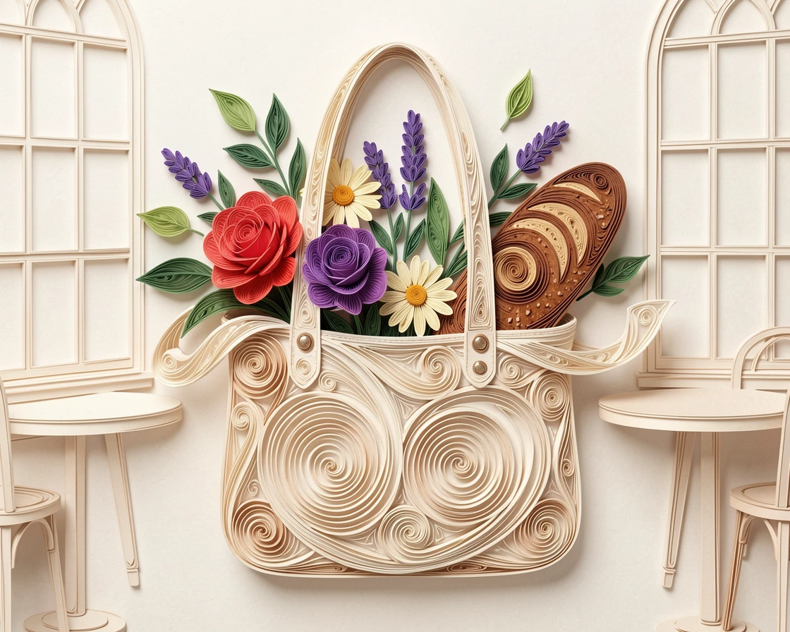 a stylish tote bag filled with market flowers and bread, in a cozy neighborhood café, composed with a fresh, airy, minimalist aesthetic, with a light breeze catching loose fabric or leaves.