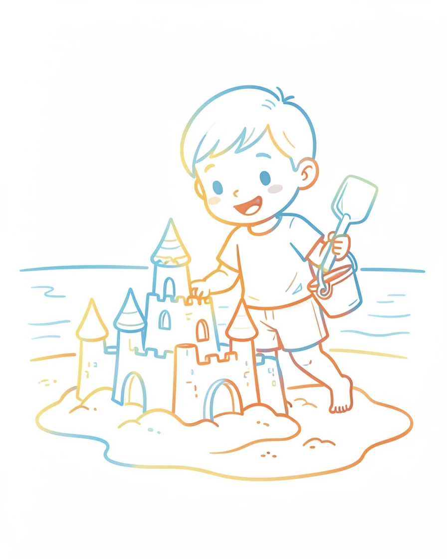 A child building a sandcastle on the beach with a bucket and shovel.