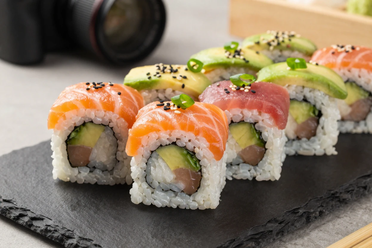 Fresh sushi rolls arranged on a black slate plate