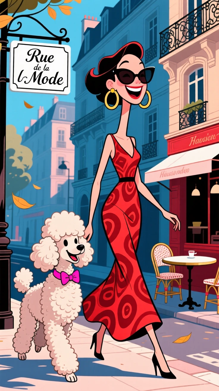 An aspirational lifestyle scene of an elegant woman walking a perfectly groomed poodle down a chic Parisian street.