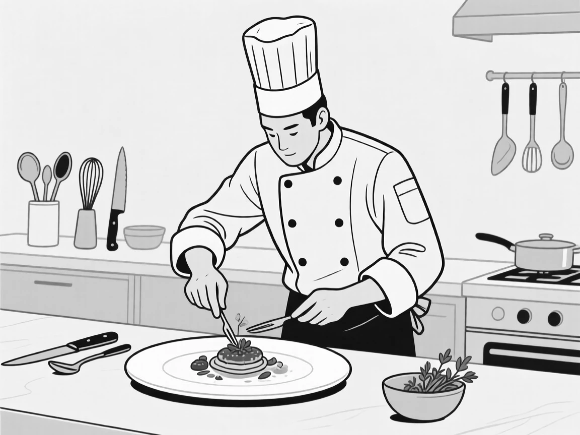 A chef plating a beautifully arranged dish in a kitchen