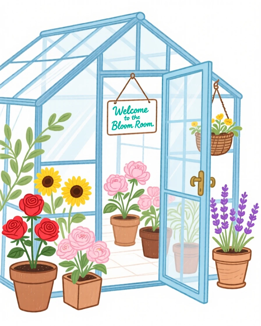 A small greenhouse filled with blooming potted flowers.