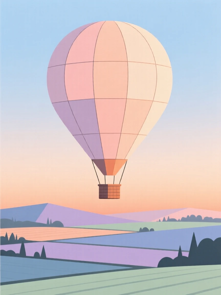 A hot air balloon floating over a countryside at dawn
