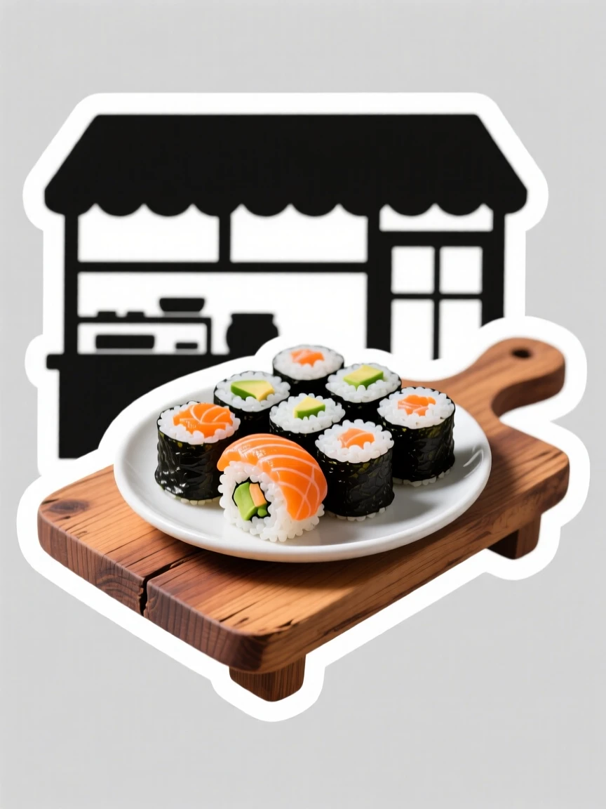 A picture-perfect plate of sushi rolls arranged neatly, resting on a rustic wooden board, at a charming bakery counter.