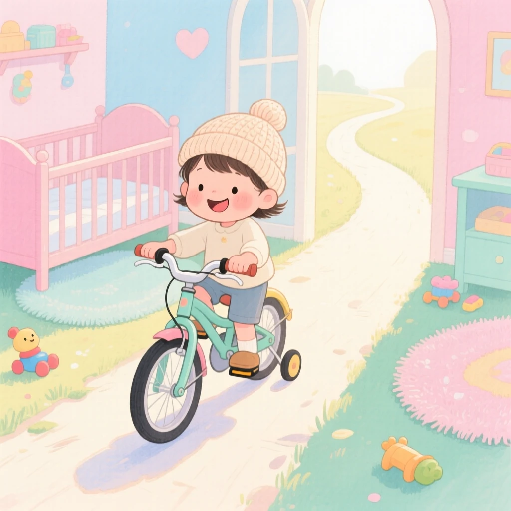 A small child in a knitted hat riding a bicycle with training wheels down a quiet lane, in a cozy nursery with soft pastel light, showing the magic of a simple, joyful moment.
