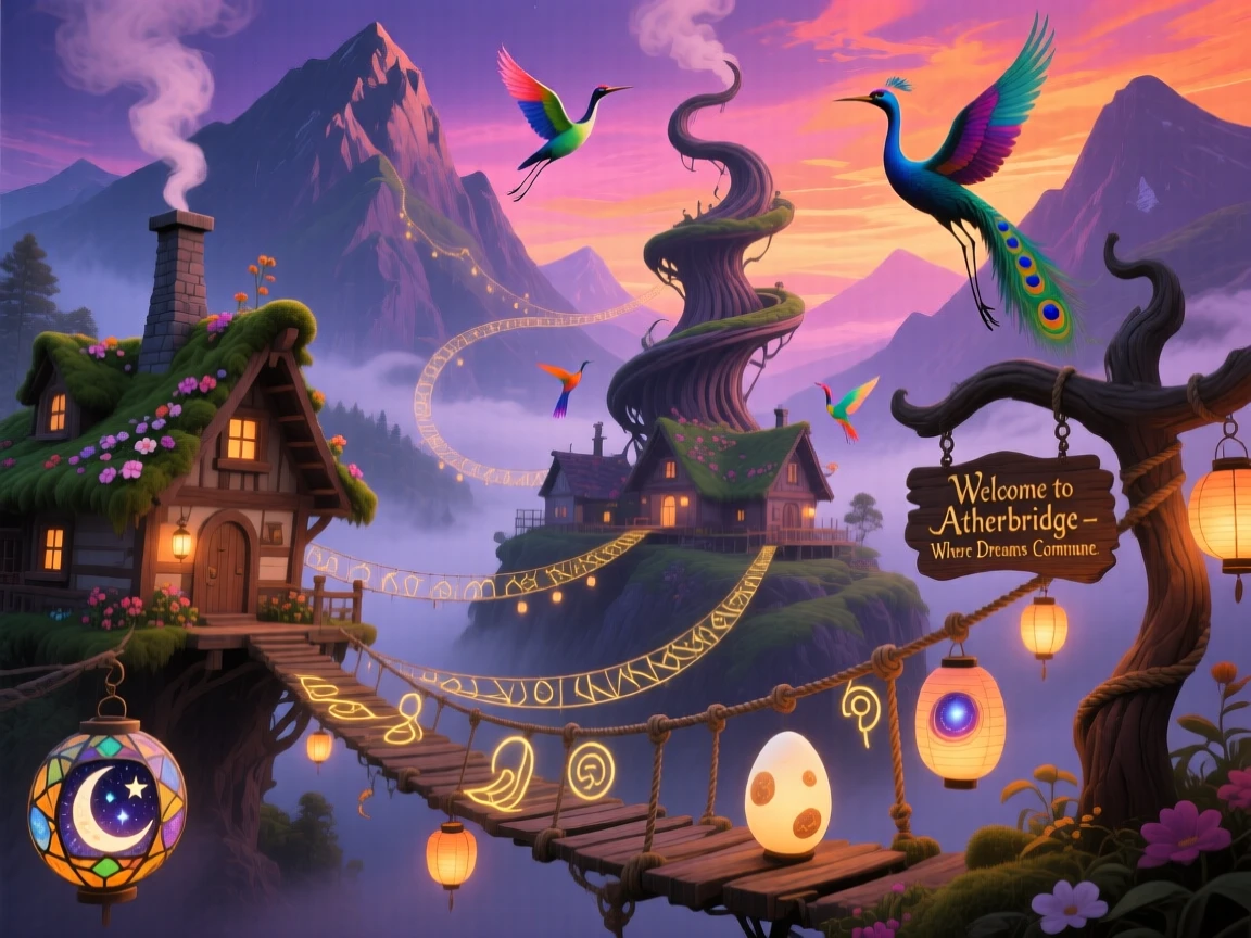 A mountain village connected entirely by rope bridges and lanterns sits quietly wrapped in early morning mist, while smoke curls gently from a chimney into shapes of birds.