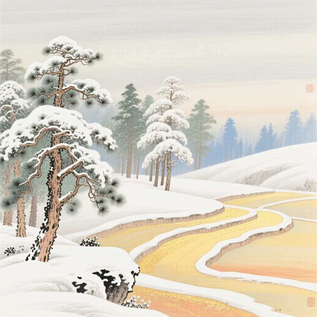 A snow-covered pine forest under a pale winter sky, with soft golden light spilling across the terraced fields