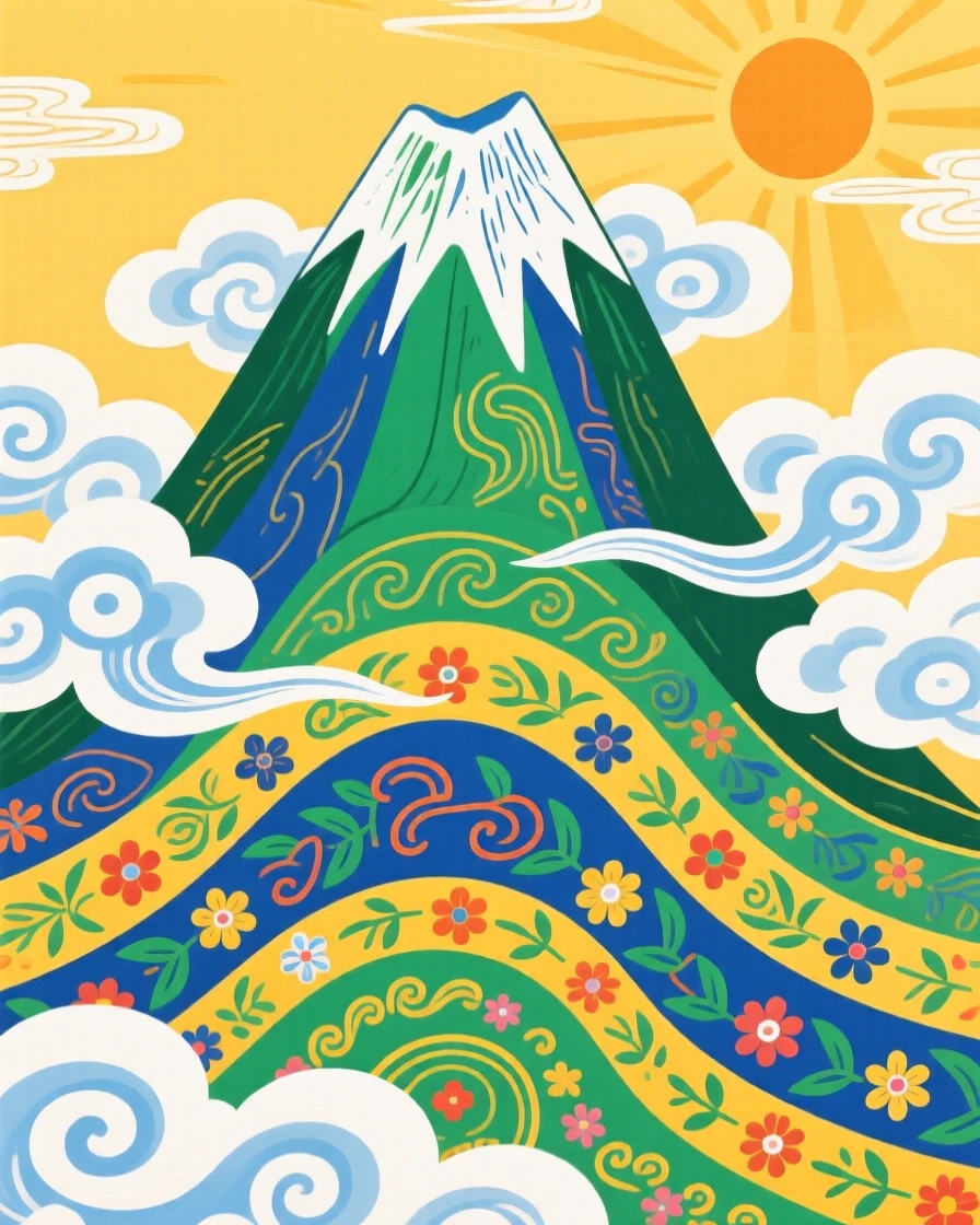 A towering mountain peak wreathed in cloud, during a warm summer afternoon.