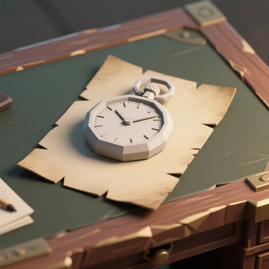 A vintage pocket watch resting on old parchment, on an antique writing desk. fine textures and material details are clearly visible. There is a calm, contemplative stillness.