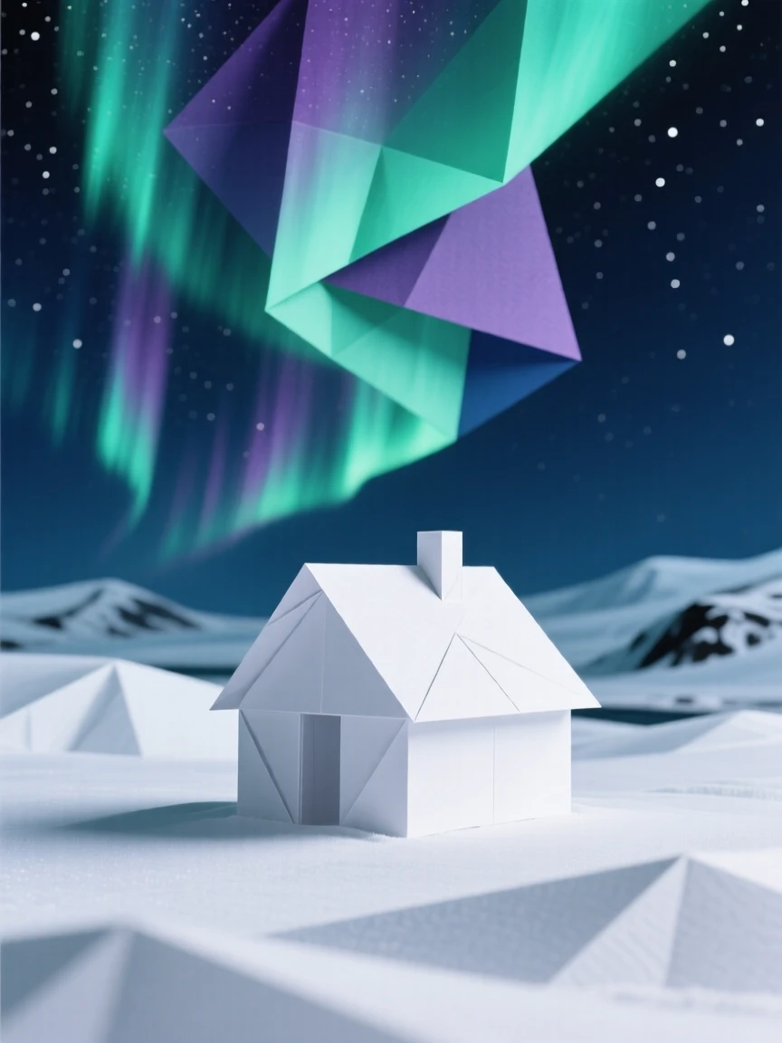 The Northern Lights dancing above a snow-covered Icelandic landscape with a small cabin below.