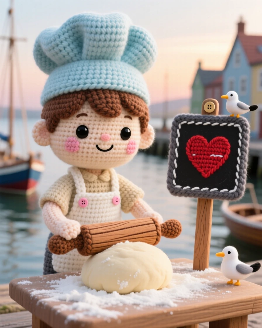 a young chef boy, with a small rolling pin in hand, is captured kneading dough on a floured counter in a small harbor town at sunrise beside a small chalkboard sign with a hand-drawn heart, radiating quiet contentment in simple daily work.