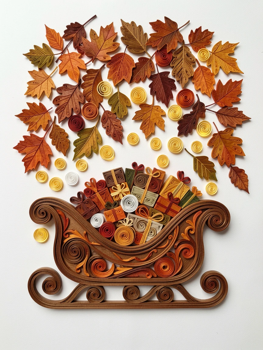 a cozy sleigh piled with wrapped presents, beneath a canopy of falling autumn leaves, arranged with warm twinkling lights scattered throughout, in warm autumn tones of orange, rust, and brown.