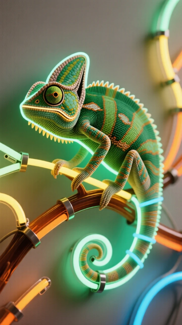 A close-up portrait of a chameleon perched on a branch with a curious, alert expression.