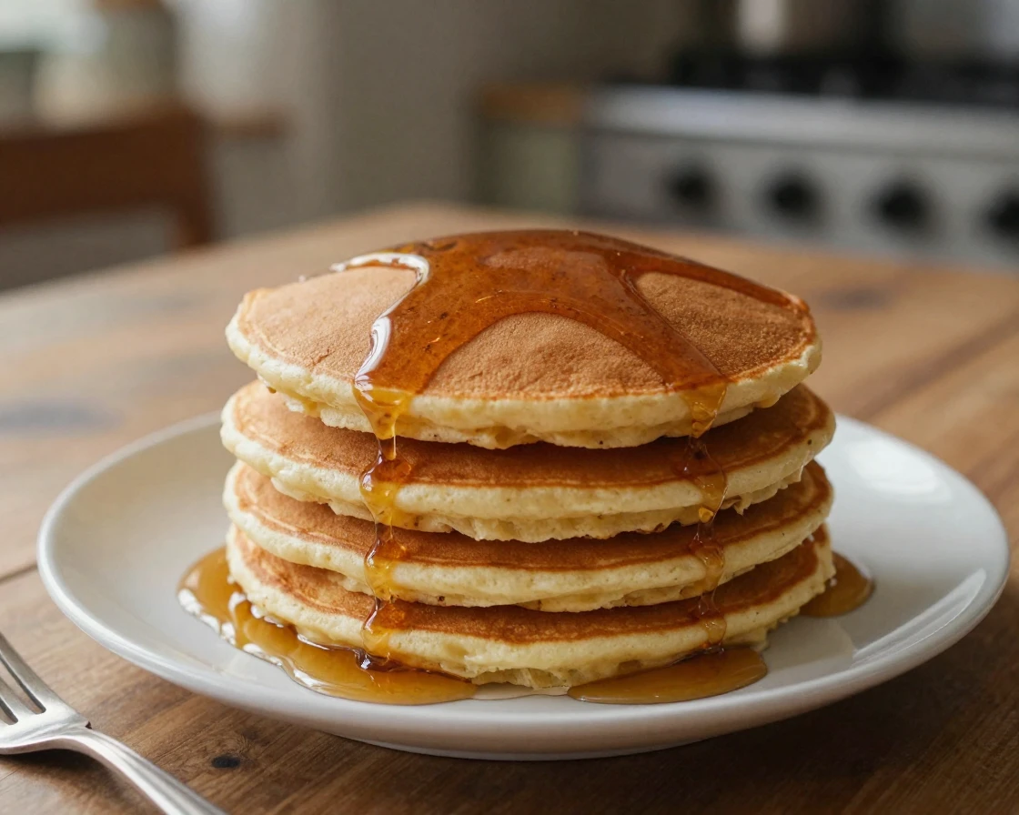 A stack of fluffy pancakes drizzled with maple syrup