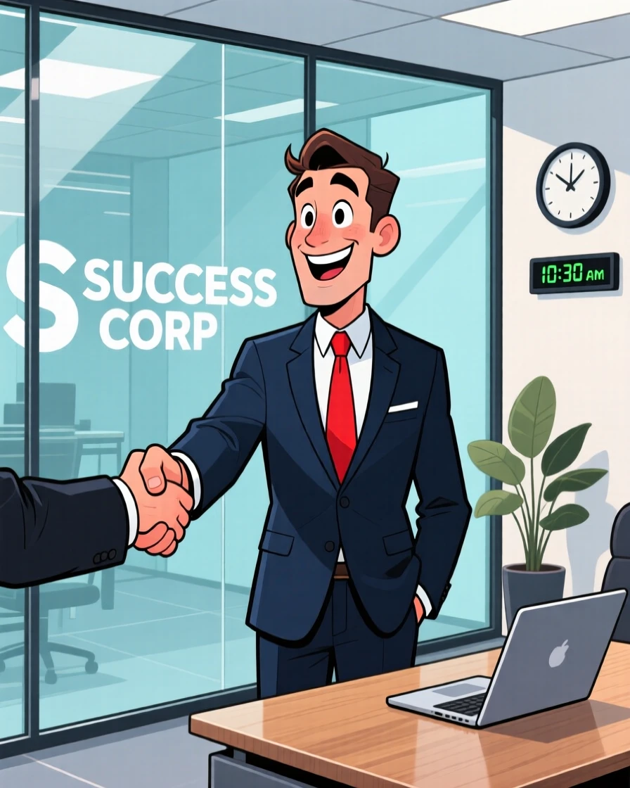 An aspirational lifestyle scene of a sharply dressed businessman closing a deal with a confident handshake in a glass-walled office.