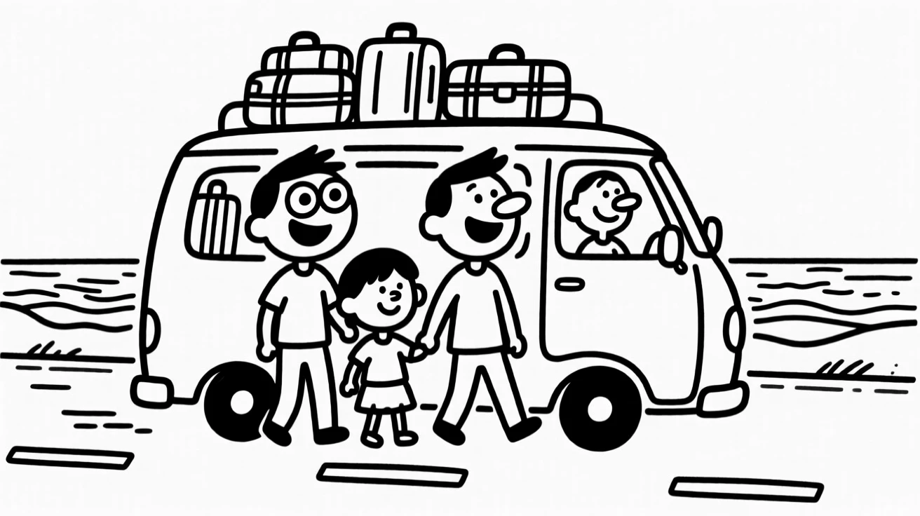 A family on a road trip, van packed, driving along a scenic coastal highway.