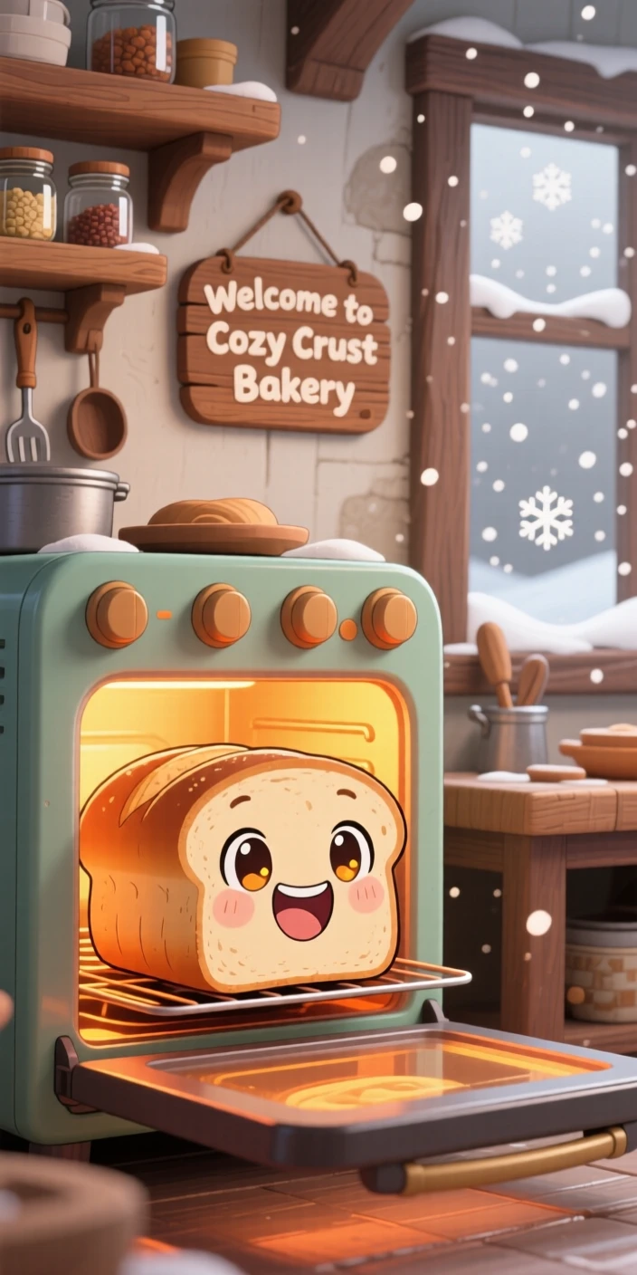 Extreme close-up: a smiling loaf of bread, rising happily inside a warm oven, set against a rustic bakery kitchen amid softly falling snow, with diffused overcast light and a mood of triumphant pride.
