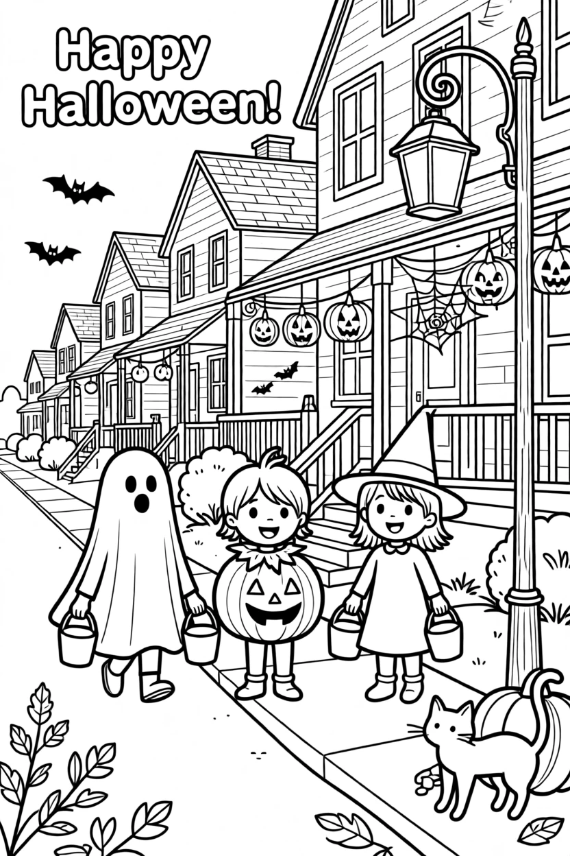 Children trick-or-treating in costumes along a decorated street